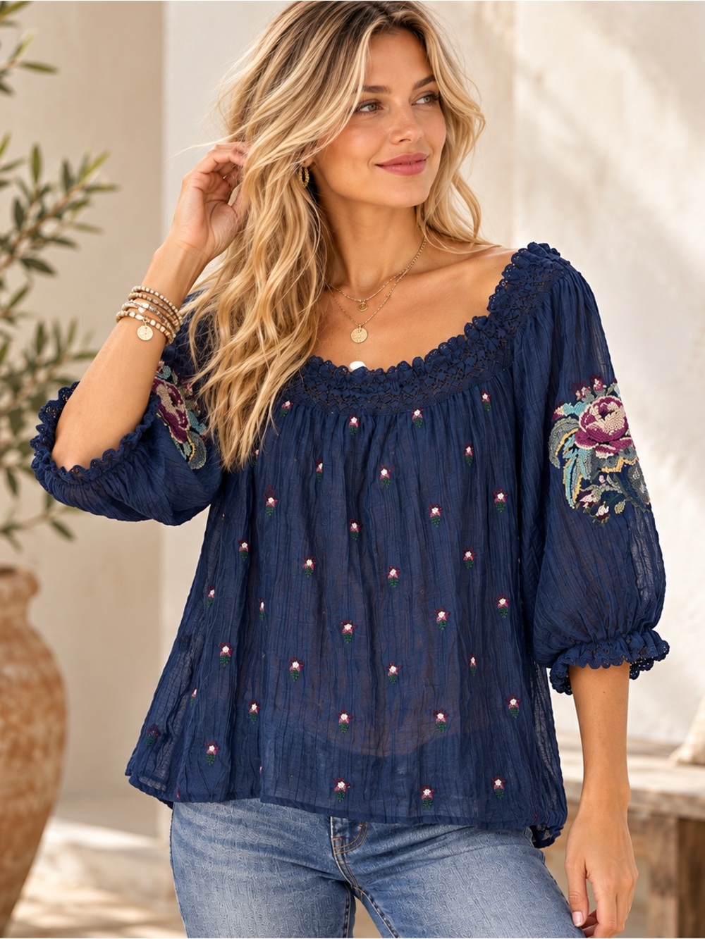 Sundance Embroidered Floral Peasant Blouse Cotton Silk Boho Crinkle Navy Lace L